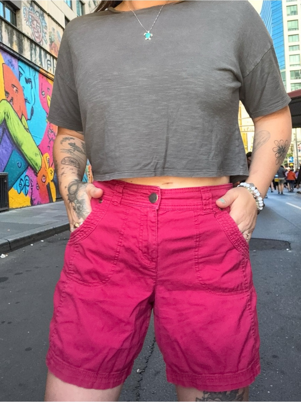 Y2K Style & Co. High-Waist Cotton Magenta Cargo Shorts Sz 6 Vintage Grunge 90s